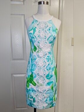 LILLY PULITZER Pearl Shift Dress Size 0 Poolside Blue Floral Lace Appliqué Women
